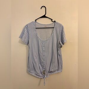 Striped Blue Button-Down Tie-Front Top